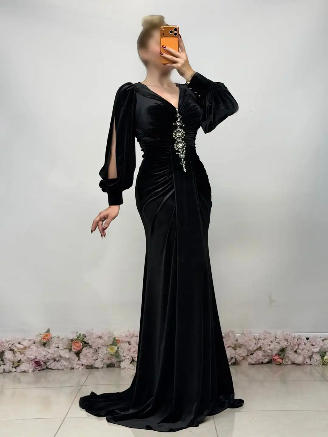 

New Design Elegant Velvet V Neck Plleated Beading Crystal Decoration Mermaid Evening Dress Slim Prom Formal Party Dress