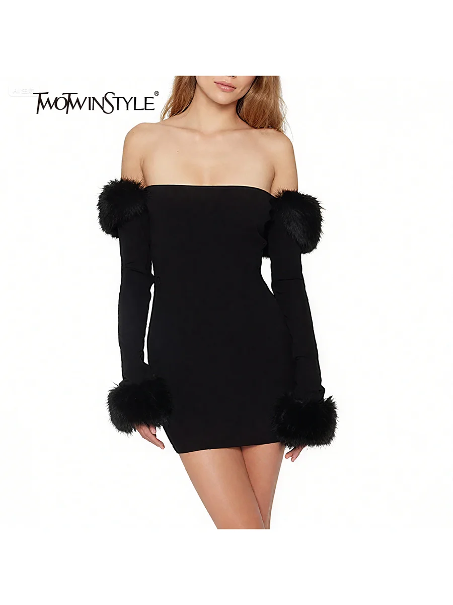 

TWOTWINSTYLE Slimming Spliced Feathers Elegant Mini Dresses for Women Slash Neck Long Sleeves Temperament Dress Female Clothing