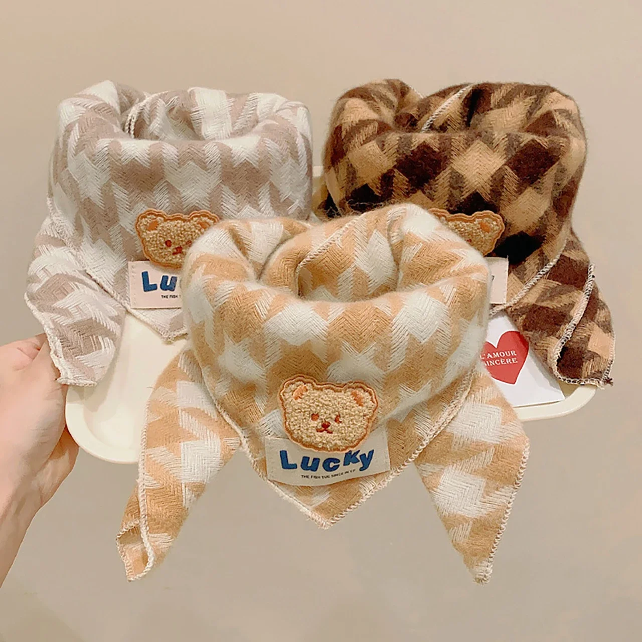 Cute Bear Baby Scarf Winter Imitation Cashmere Snood Neck Warmer Korean Plaid Triangle Shawl Cartoon Kids Neckerchief