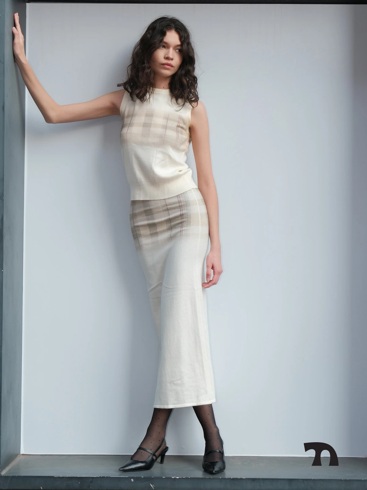 

THINGN adient Plaid Print Knitted Wrap Long Skirt Women's mid Waist Design Full Length A-Line Skirt Autumn Season