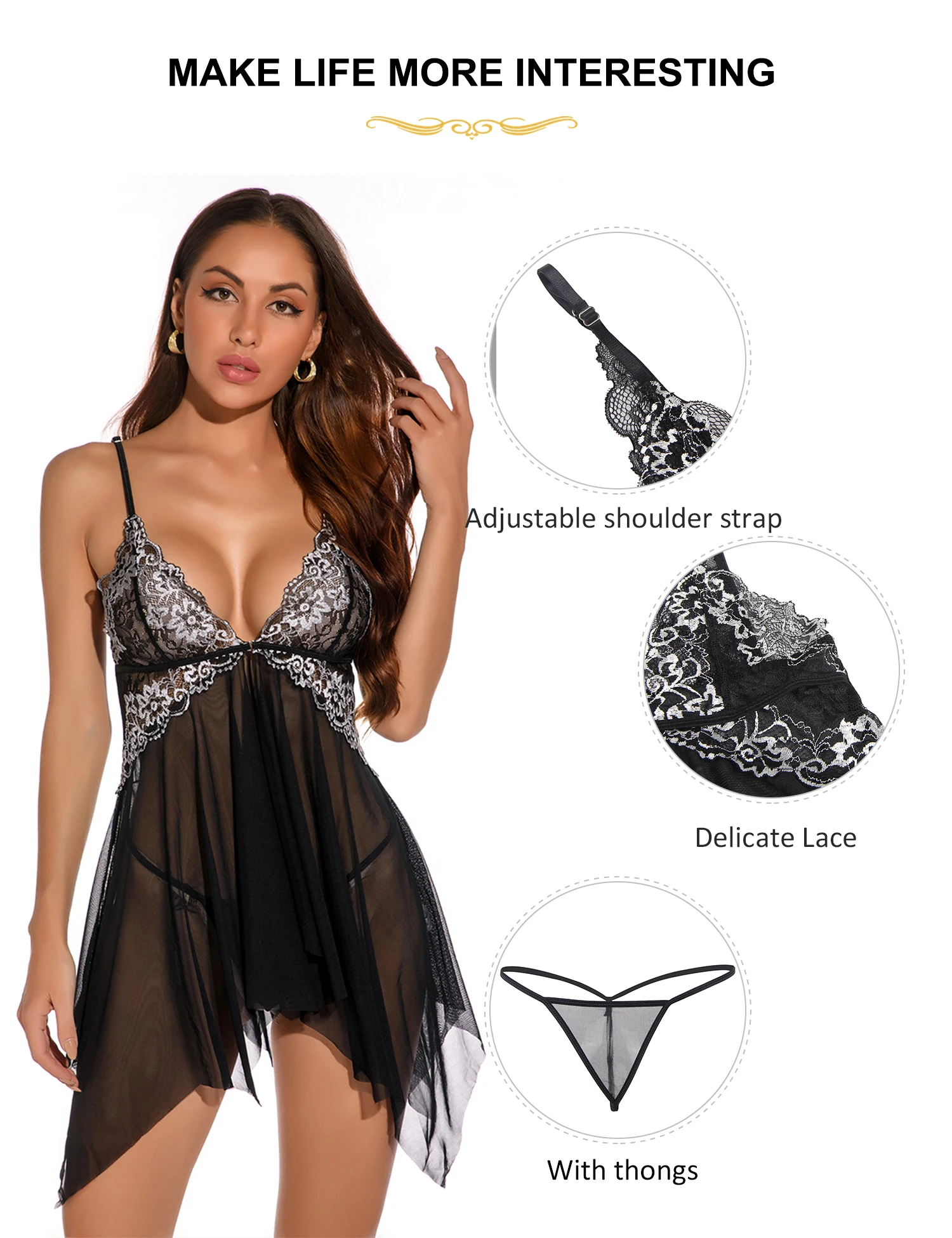 Plus Size Sexy Babydoll See through Black Lingerie Mesh Strappy Negligee Lace Elegant Sleepwear V-Neck Female Thong Nightgowns