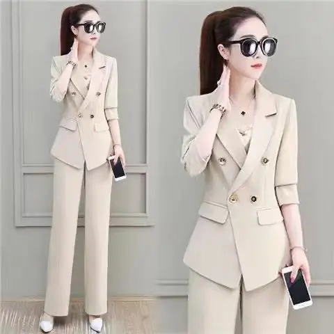 2022 Summer New Elegant Women\'s Pants Suit Casual Jacket Trousers Two-piece Set Office Career Tracksuit Female Blazer