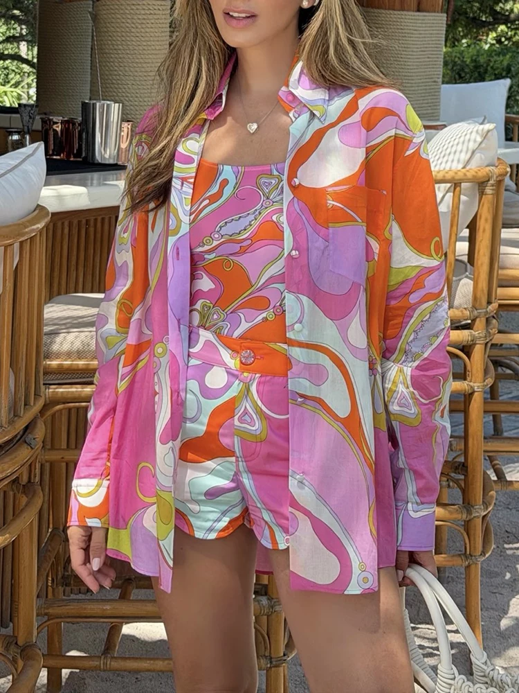 Spring Summer Fashion Resort Casual Vintage Pattern Print Cotton Blouses Women's Turn-down Collar Long Sleeve Loose Shirt