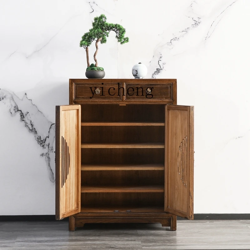

FY1 Old Elm Wood Shoe Cabinet Solid Wood Double Door Living Room Entrance Storage Cabinet Tea Cabinet Partition
