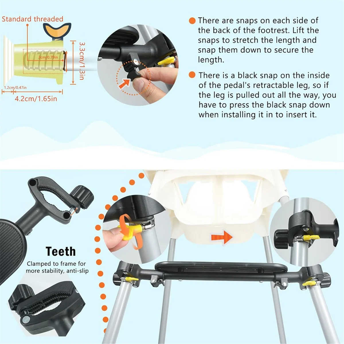 مسند للقدمين للكرسي العالي غير قابل للانزلاق، مسند للقدمين، ارتفاع قابل للتعديل، مسند للقدمين من مادة البولي بروبيلين