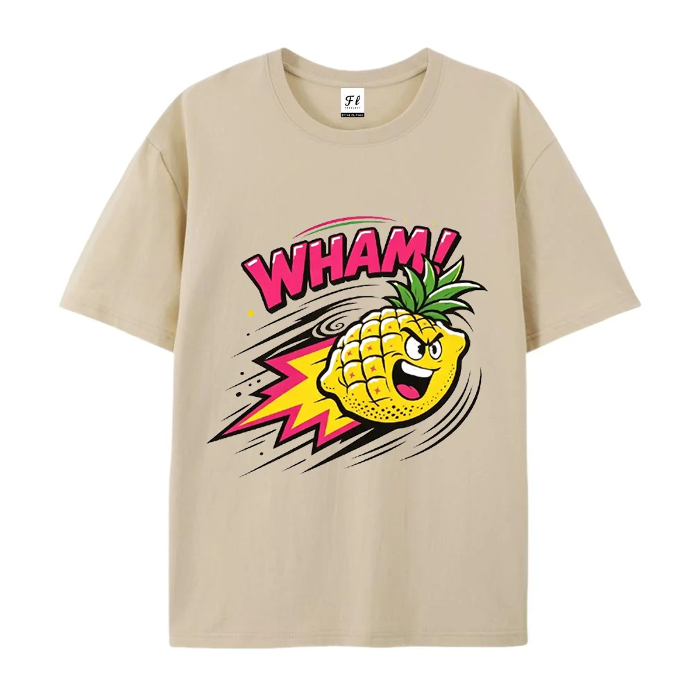 Retro Pop Art Wham Angry Pineapple Graphic T Shirt Cartoon Fruit Print Short Sleeve Top Casual Summer Loose Fit Unisex Tees