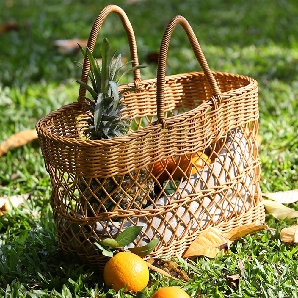 

Rustic Imitation Rattan Woven Basket Vintage Plastic Picnic Storage Travel Portable Fruit Basket For Wedding Home Decoration