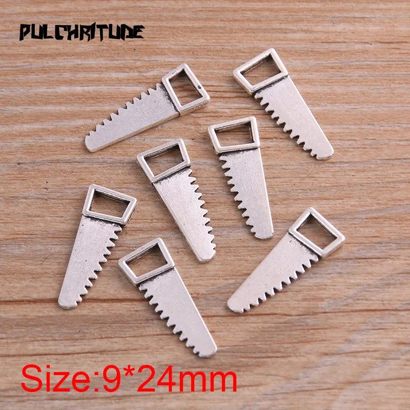 PULCHRITUDE 20PCS 9*24mm Two Color Metal Zinc Alloy Daily Necessities Tool Saw Charms Fit Jewelry Pendant Charms Makings