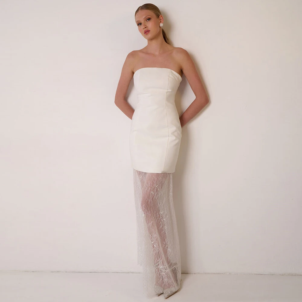 

Simple Civil Wedding Dresses Satin Sheath/Column Wedding Party Dresses Ivory Strapless Lace 2025 Bride Gowns for Women Midi