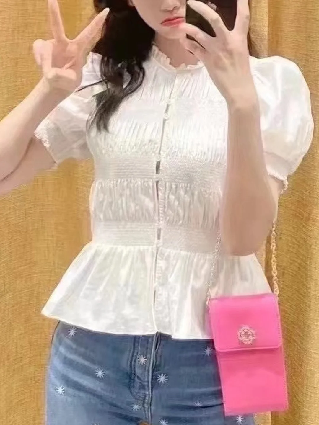 

Ele Spring 2026 Women's ort irt White Puffy Sve Waist-Cinching Top Versatile Cotton Princ Sle Breathable Skin...