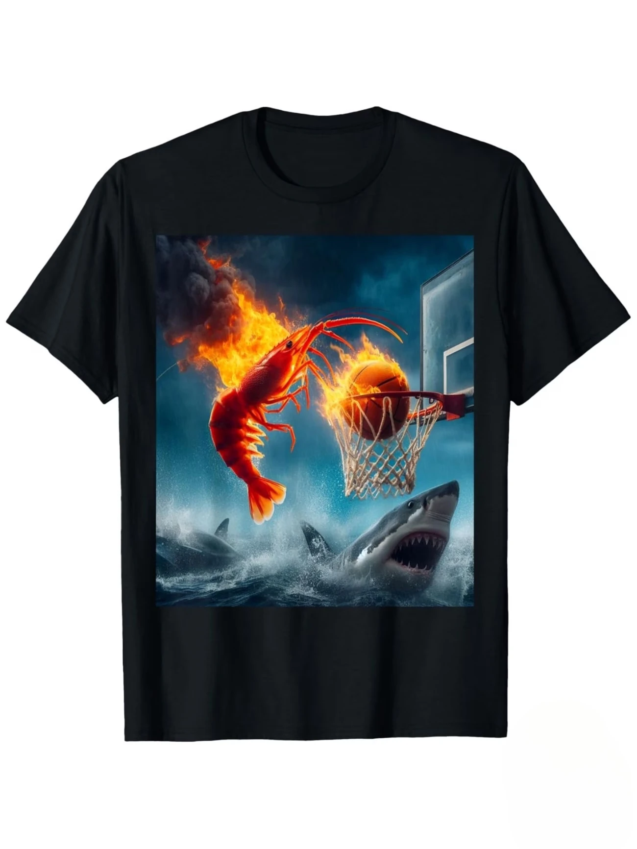 Lustiges T-Shirt mit Feuer-Garnelen, die Basketball spielen, Hai-Ozean-Grafik-T-Shirt für Männer und Frauen, lässige Streetwear-Baumwolloberteile – Detail 3