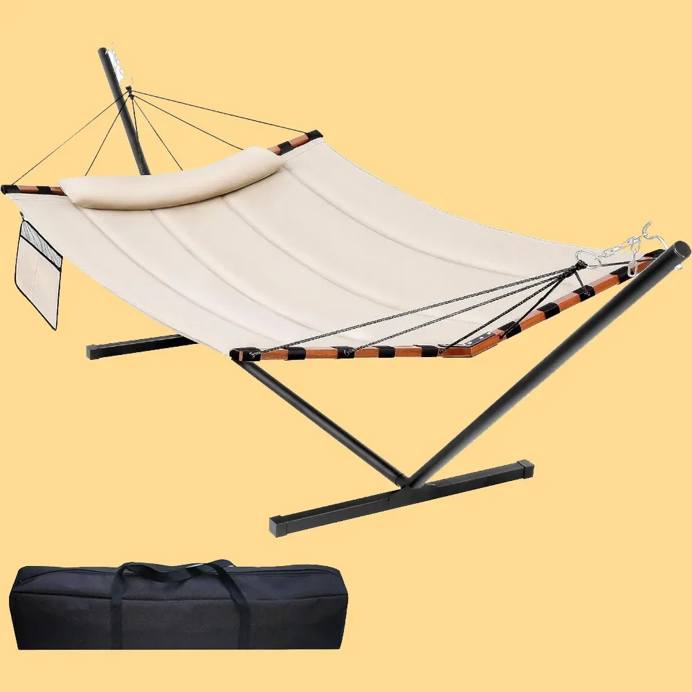 

2 Person Hammock Including Stand 55 x 79IN Large Hammock with Hardwood Boom and Nylon Rope for Outdoor, Patio, Garden, Backyard