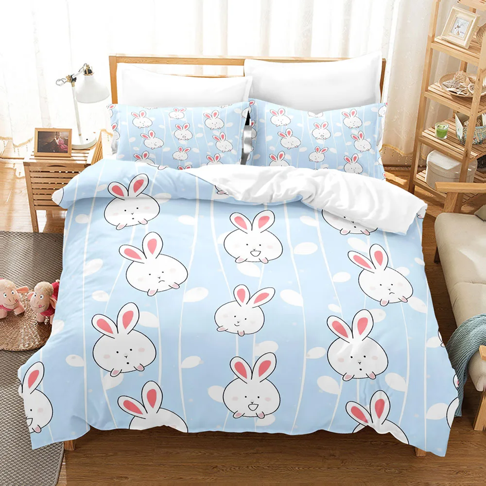 Kawaii Rabbit Three Piece Bedding Set Luxury Comforter Set with Queen King Size Including purple household goods Rabbit parure d
