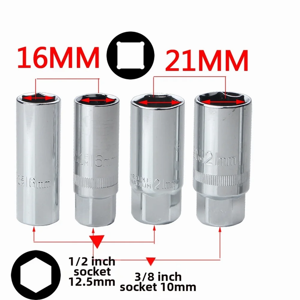 Household DIY Repair Removal Tool 4pcs 16mm/21mm Hex Interface Spark Socket 1/2 3/8 Drive Socket Magnetic Sleeve Wrench