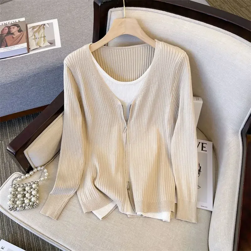 Spring Summer New Fake Two Pieces Knitwear Long Sleeve Design Sense Slim Fit Slimming Youthful-Looking Casual Top for Women