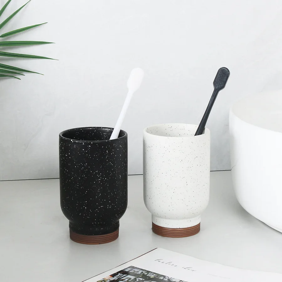 Nordic Spotted Ceramic Mug Wooden Striped Base Tumbler Cup Couple Toothbrush Holder Cup Simple Bathroom Bathroom Accessories