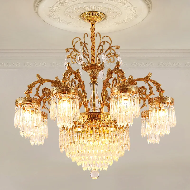 

French Brass Crystal Chandelier Villa Living Room Dinning Room Foyer Staircase Lamp European Luxury Copper Pendant Light