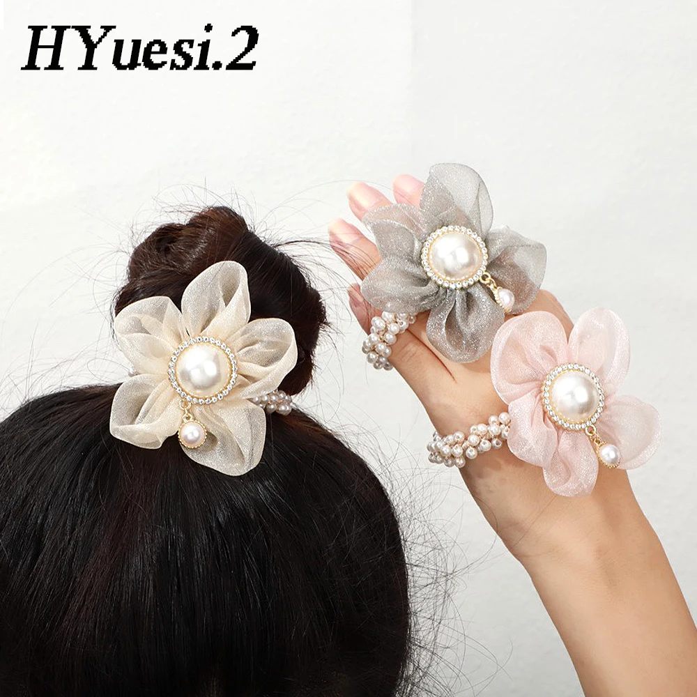 Elegant Rhinestone Flower Hair Rope Elastic Organza Pearl Beaded Hair Scrunchies Lace Ponytail Holder Hair Accessories For Women