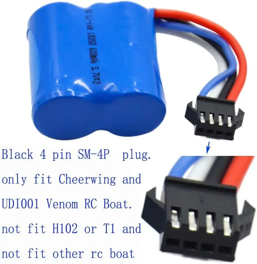 7.4V 600mAh 15C Li-ion Battery with SM-4P Forward Plug for UDI008 UD08 UDI001 H100 H102 Venom Speed Remote Control Boat