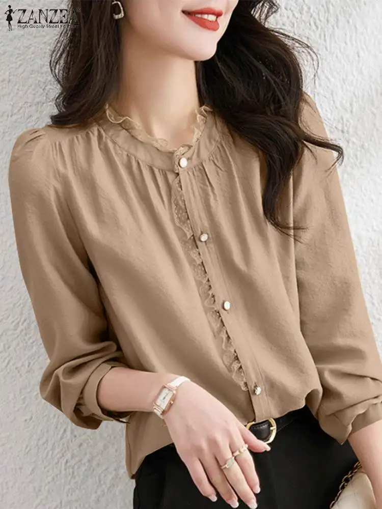 ZANZEA 2024 Summer Lace Trim Shirts Women Elegant Casual Office Wear Blouse Top Button Up O Neck Long Sleeve Solid Color Chemise