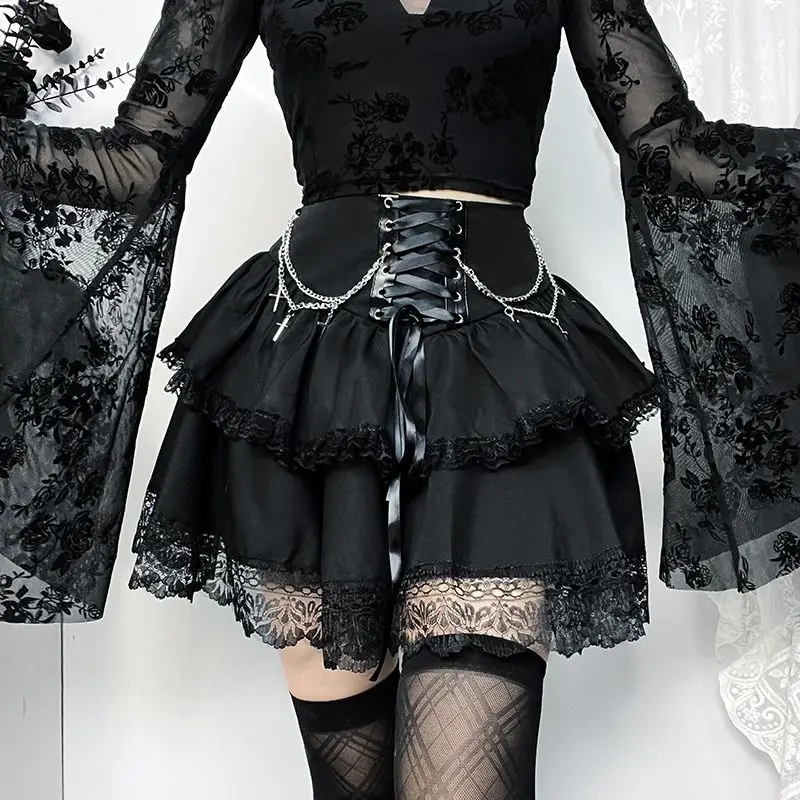 Summertime Dark Gothic Chain Cross Double Skirt Subculture Lace Strap All-match Skirt