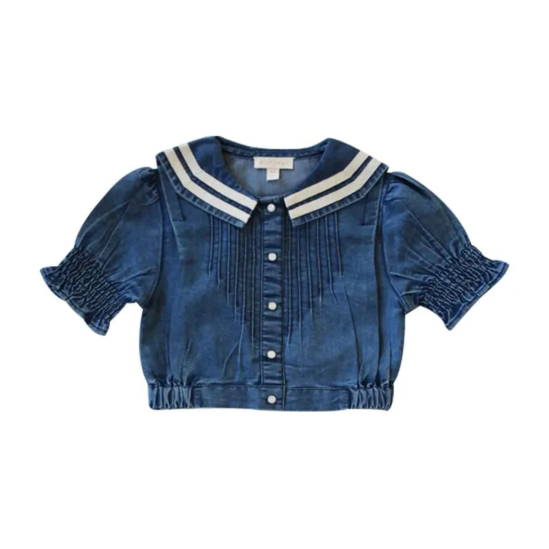 Children\'s Shirt Summer 2024 New BD Girls Vintage Style Puff Sleeve Embroidered Lapel Shirt Girls Denim Top Skirt Set Pre May15