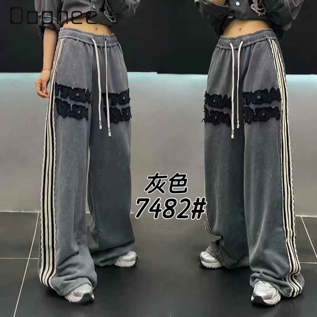 

2025 Autumn New Fashionable Loose Casual Pants for Women with Elastic Waist and Lace Trim Straight Wide-Leg Pants Baggy Pants