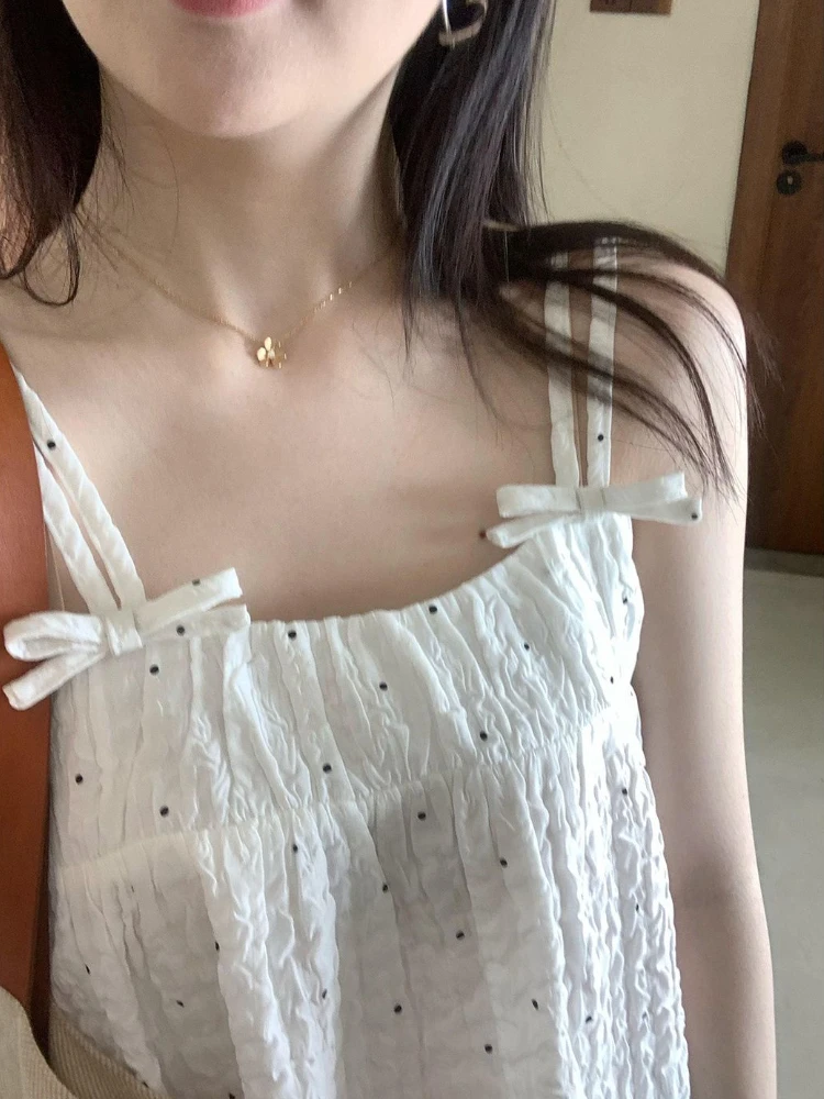 2024 Summer Girl Wave Point Loose Y2k Aesthetic Tanks Harajuku Pleated Sweet Loose Camisole Grunge Bow Backless Tank Top Women