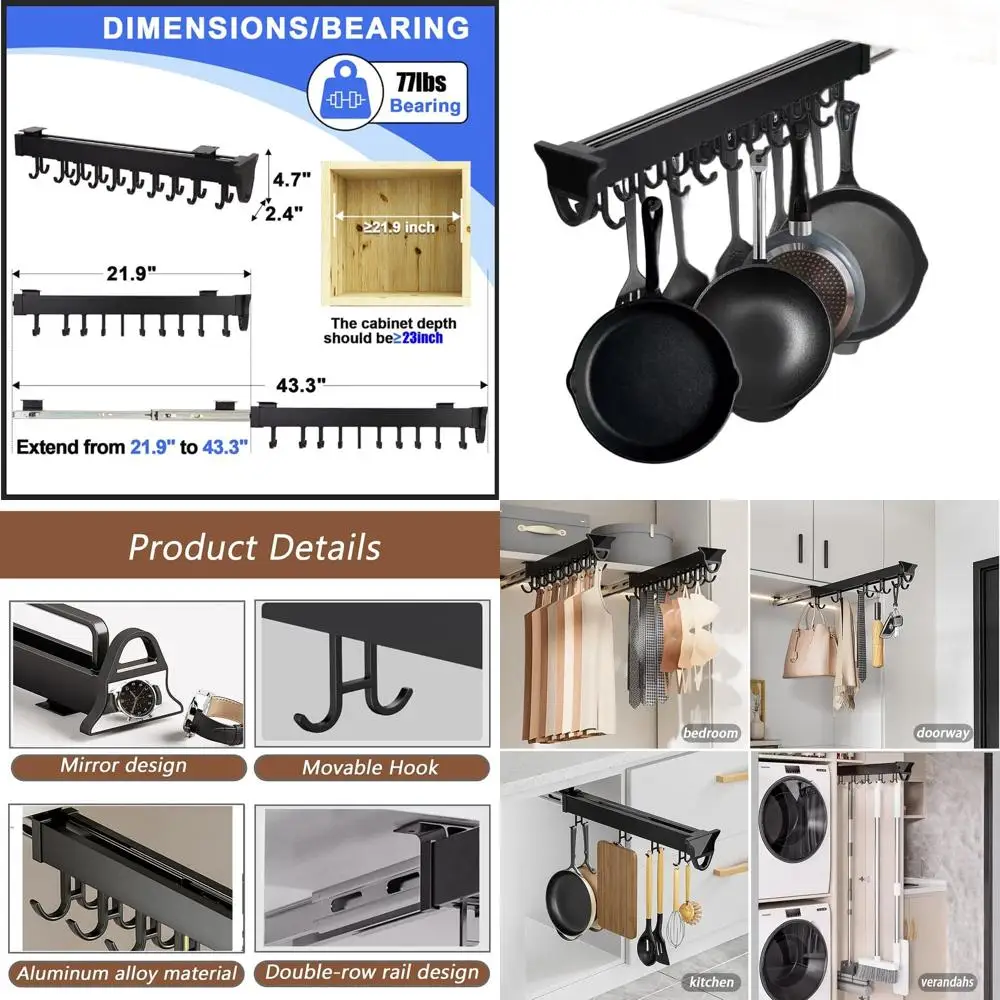 

Adjustable 10-Hook Pot Rack with 22 Pull-Out Organizer, 75lbs Capacity for Kitchen Storage