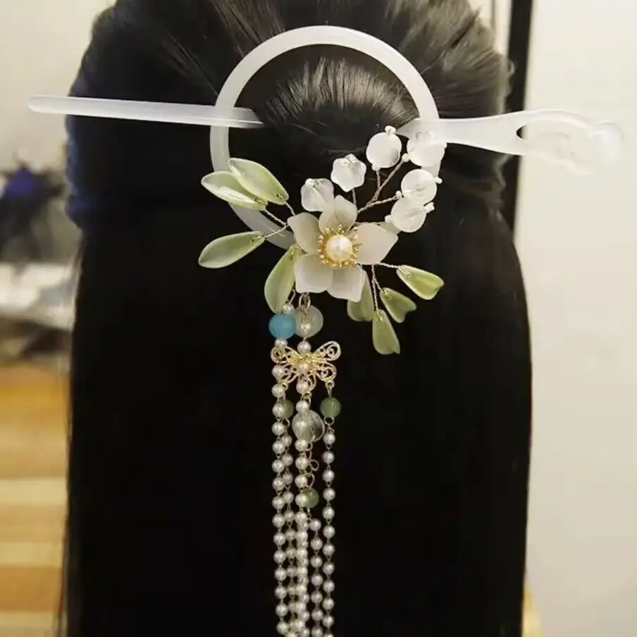 

Women's Imitation Jade Purple Flower Long Beads Tassel Circle Hairstick Fashion Headpiece Multi-purpose