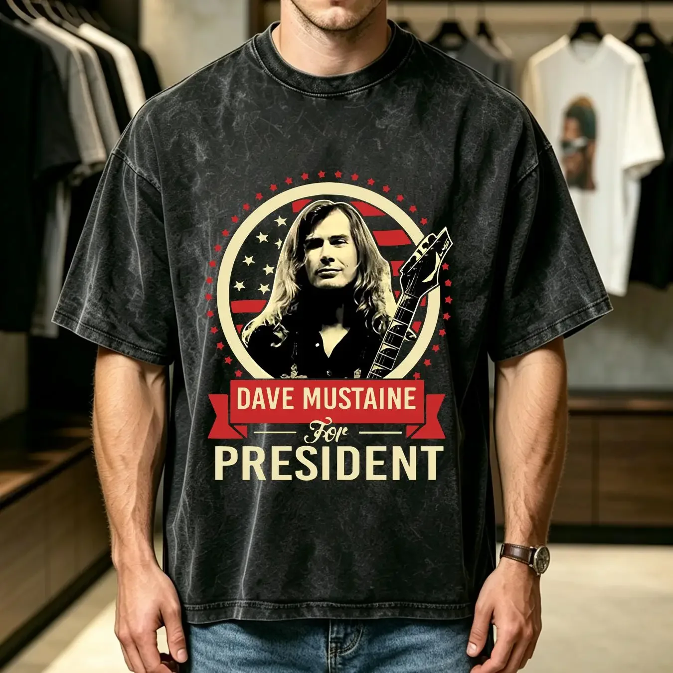 washed T Shirt Dave Mustaine for President S to 4XL long sleeves vintage Washed Stylish Casual Stretched Top For Everyday Wear