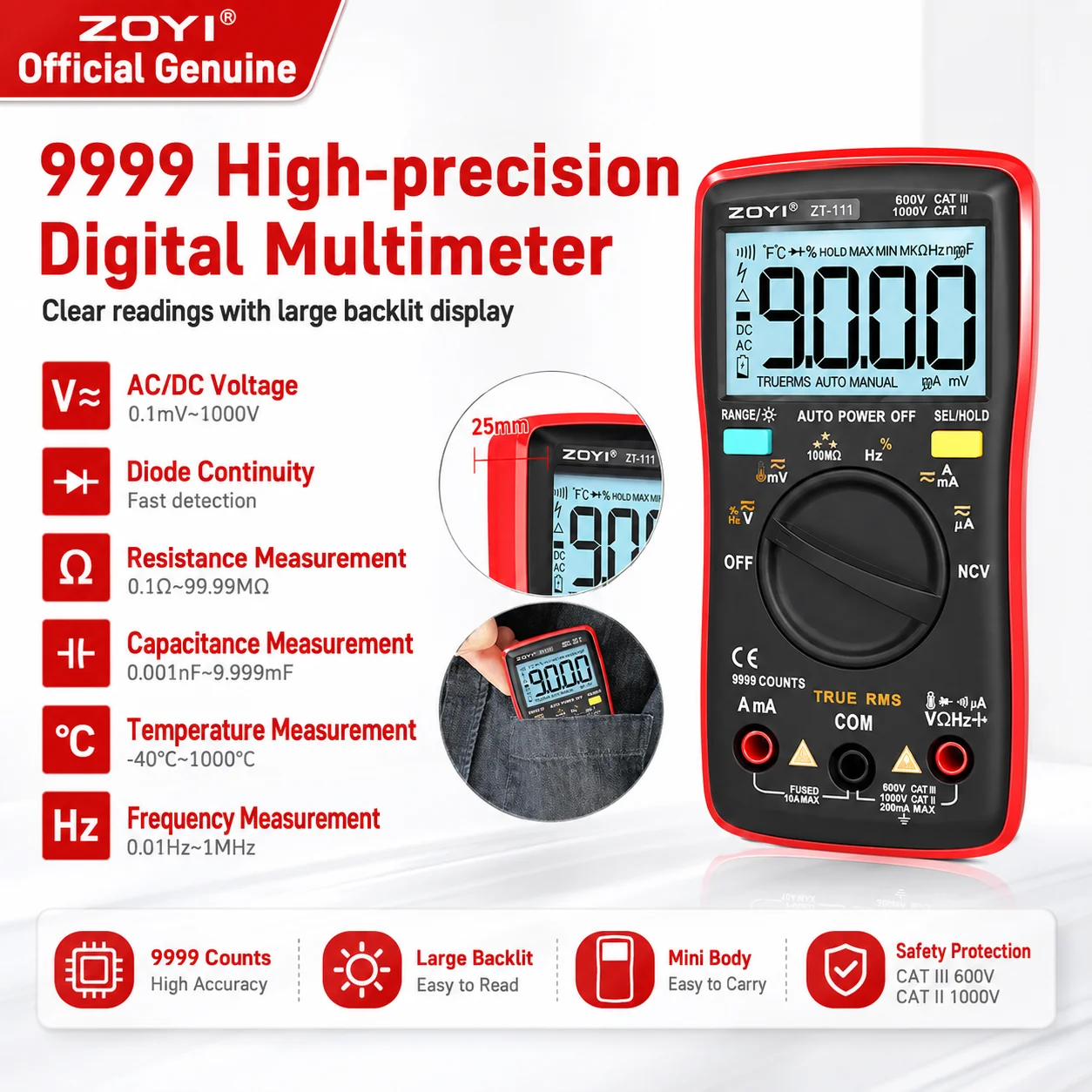 ZOYI ZT-111 Multifunction Digital Multimeter True RMS Transistor Capacitance Temp Diode for Car Electrical Circuit Diagnosis