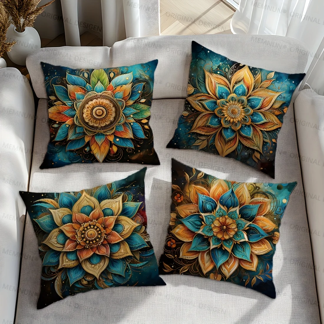 VIKAMA 4 Stück Mandala-Kissenbezug im traditionellen Stil, maschinenwaschbar, mit Reißverschluss, Kissenbezug, Wohnzimmer, Sofa, Dekoration