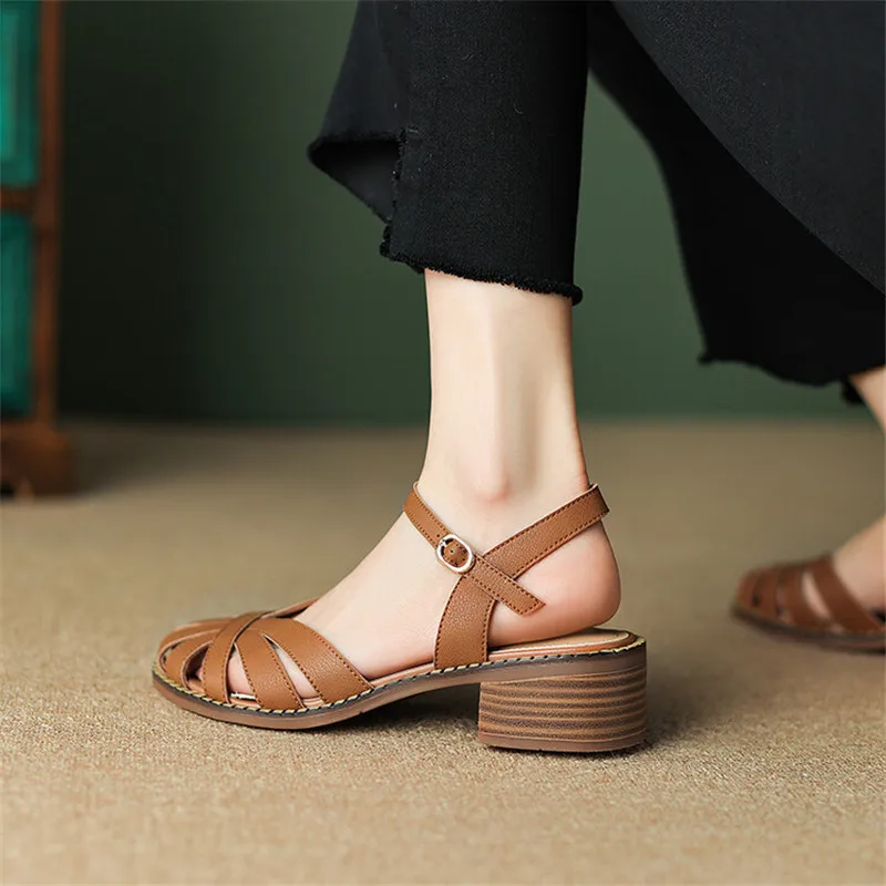 French Vintage Summer Sandals Women Shoe Round Toe Chunky Heel Sandals Shoes for Women Handmade Hollow Out Sandals Zapatos Mujer