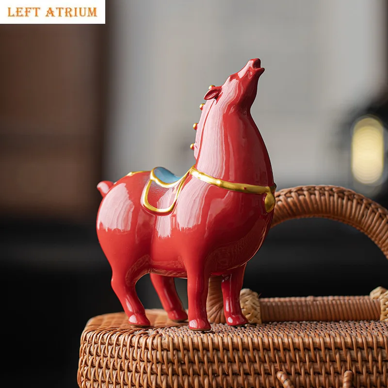 

Red Porcelain Tang Horse Statue, Tea Pet, Lucky Horse, Animal Sculpture, Home Feng Shui Decoration, Living Room Ornaments, Gifts