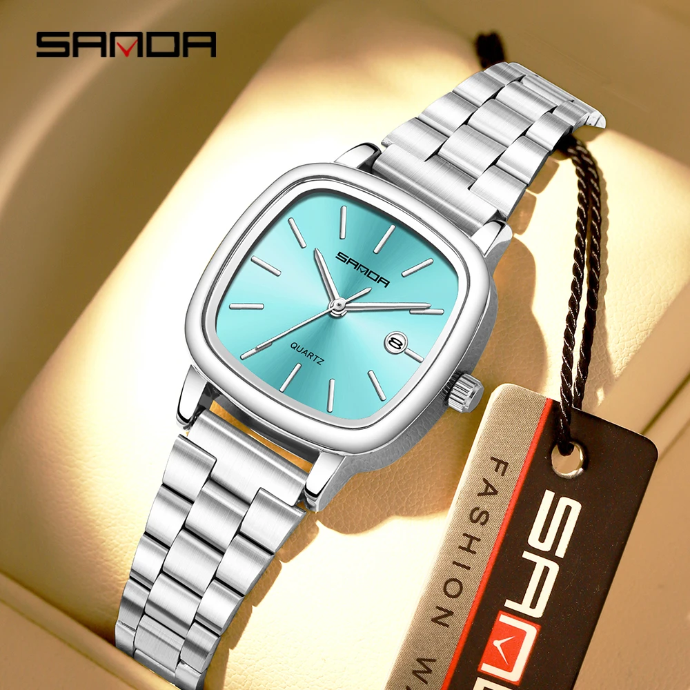 

Sanda 2026 Кварцевые часы для пар, мужские и женские квадратные часы, водонепроницаемые часы 3 атм с календарем, простые и элегантные женские часы 3278