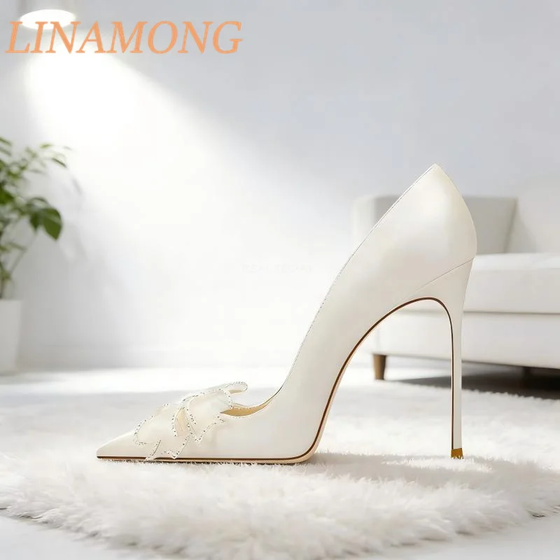 

Champagne Colored Satin Pump Stylish Pointed Shallow Mouth Ankle Cuff Bow and Rhinestone Trim Elegant Slim High-Heeled Shoes