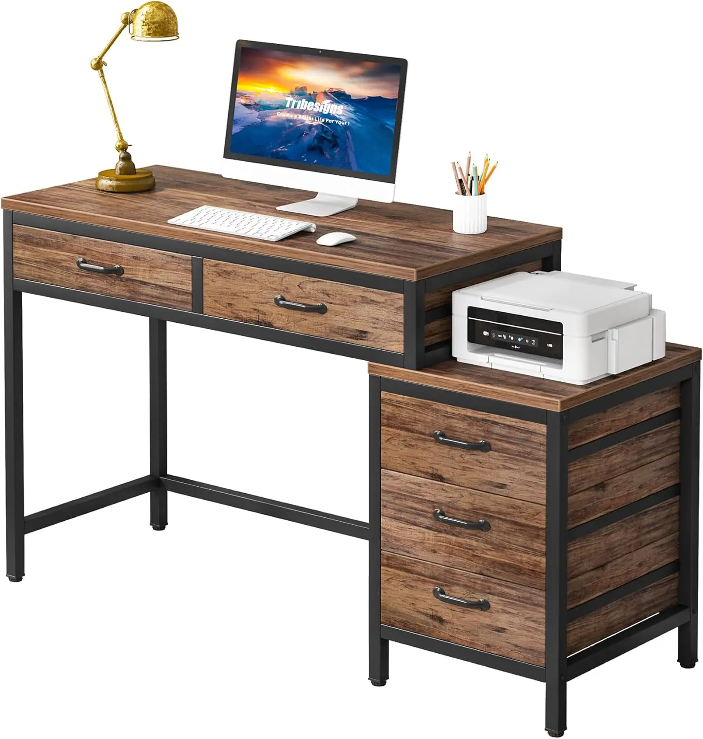 

Computer Desk with 5 Drawers, Reversible Drawer Cabinet, Industrial PC Desk for Small Spaces