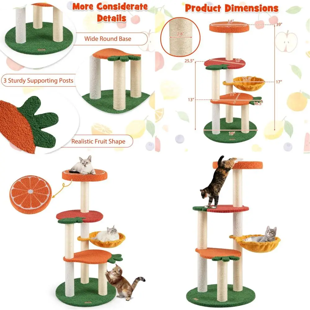 

Multi-Level Fruit-Themed Cat Tower with Sisal Scratching, Rotatable Basket, and Colorful Platforms for Indoor Cats