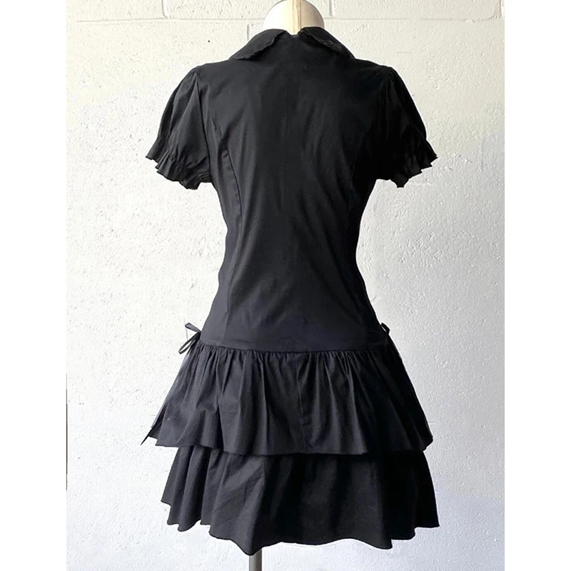 Vestido camisero de retazos de Encaje Vintage para mujer, vestido de manga corta con botones estilo pijo Lolita, Vestidos góticos escalonados Harajuku Y2K ajustados