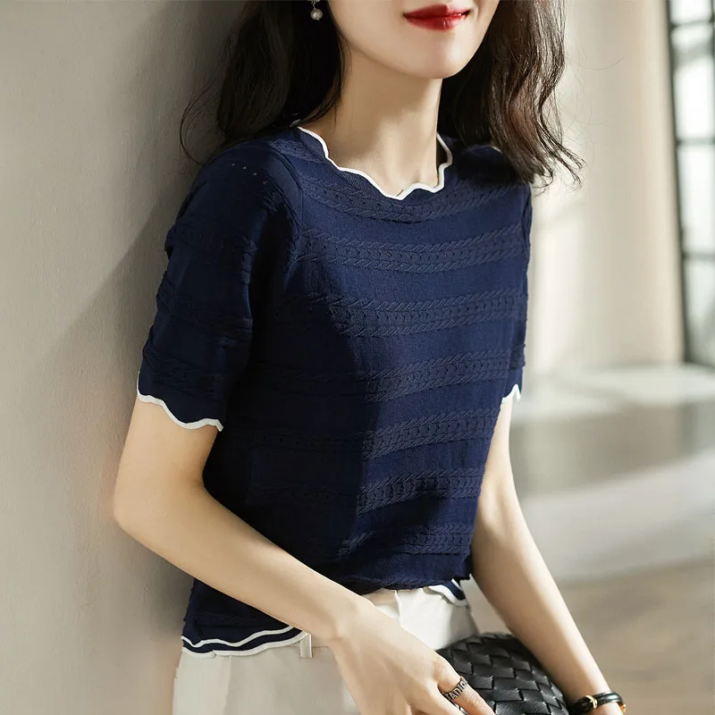 니트 스웨터 여성 풀오버 니트웨어 패션 O넥 홀로우 아웃 니트 스웨터 풀오버 여성 탑 반팔 스웨터 Q2711