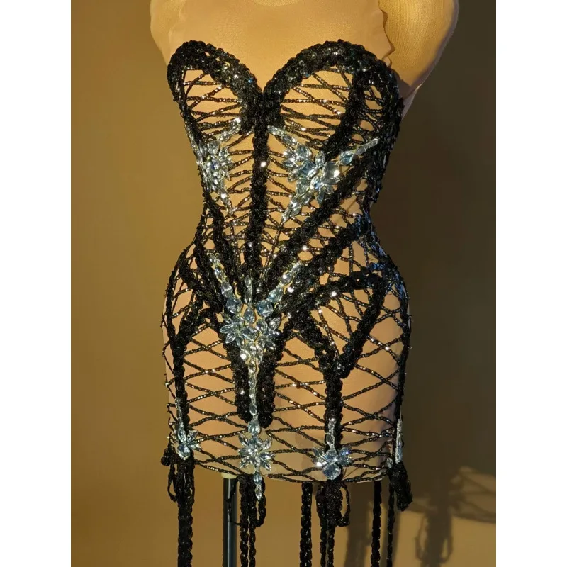 

Luxury Sparking Diamond Lady Sexy Mini Dress Long Tassel Sleeveless Prom Evening Party Gown Performance Nightclub Stage Costumes