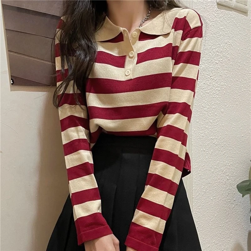 

Осенняя женская короткая полосатая шея поло 2026, топ с длинными рукавами, уникальный дизайн, повседневная стильная верхняя одежда, блузка