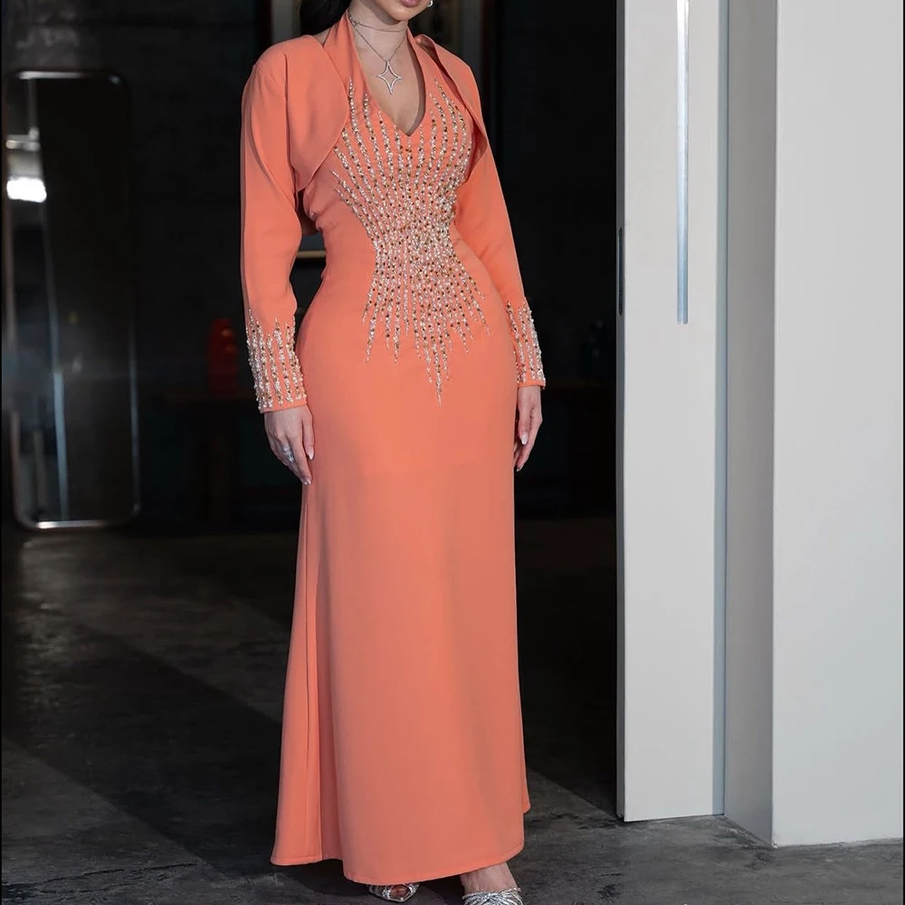 Customized A-line Evening Dresses Floor-length V-neck Full Sleeve Prom Gown Fashion Crystal Beading Simple Draped Party Gown