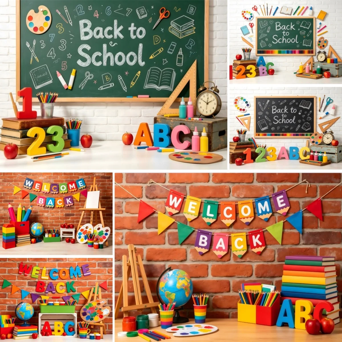 Back To School Backdrop Banner Blackboard Learning Tools Book ABC Classroom Decor Student Portrait Photo Photography Background