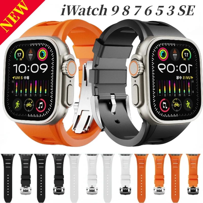

Liquid Fluororubber Silicone Strap for Apple Watch Band Ultra 2 49mm 45mm 44mm 46mm Modification Kit Bracelet iWatch 10 9 8 7 6