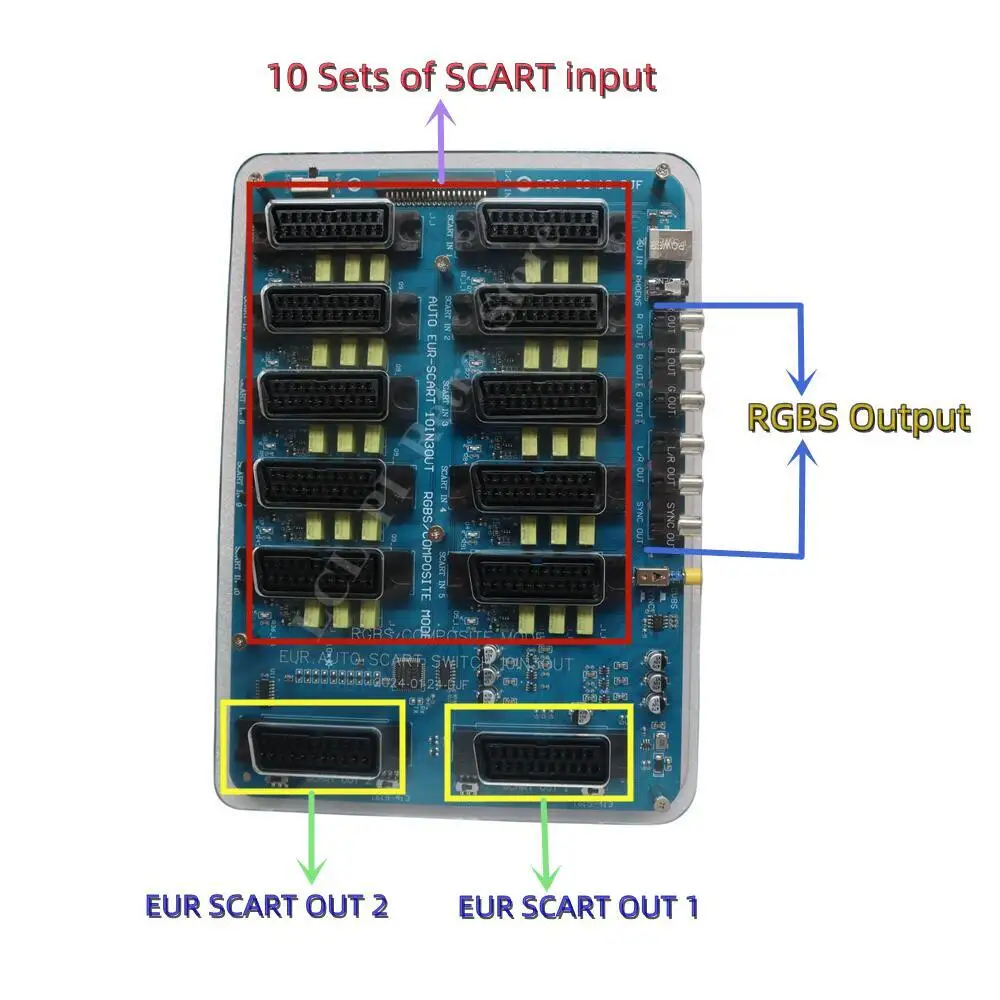 Upgrade Version EUR Scart Distributor 10 Input 3 Output Automatic RGBS Video Converter Switcher Board for MD/sfc/ps123/ss/dc/Wii