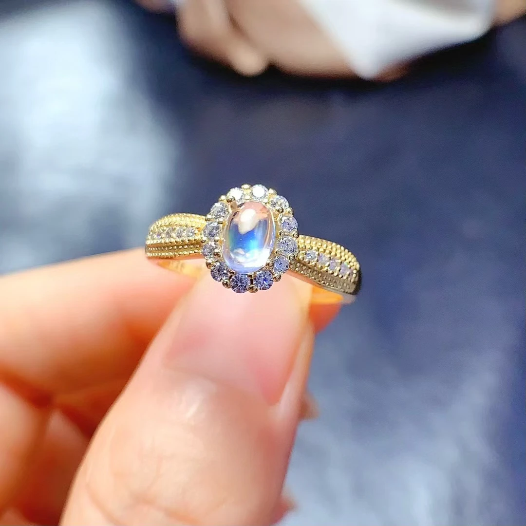 

925 Sterling Silver Gemstone Ring Natural Moon Stone Ring 4mm*6mm 0.5ct Genuine Moon Stone Jewelry with 18K Gold Plating