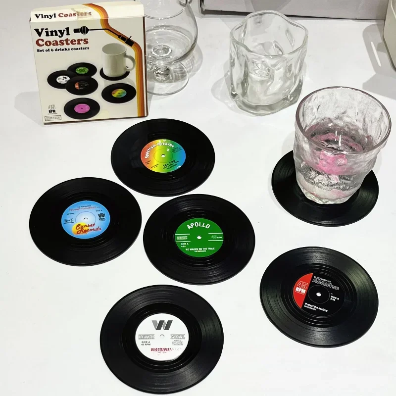 Set Of 6 Vinyl Coasters Creative Drink Coasters Vinyl Record Music Coasters With Record Player Stand Record Coasters