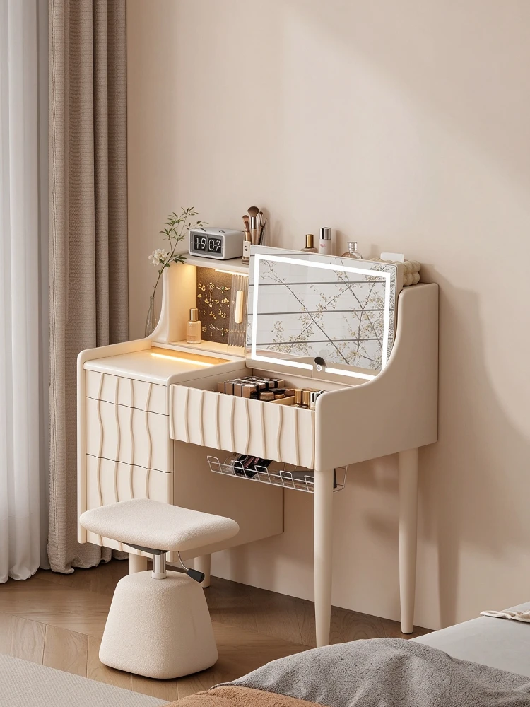 Bedroom Furniture Modern Minimalist All-solid Wood Cosmetic Storage Integrated With Stool Cream Style Luxury Flip Small Dresser